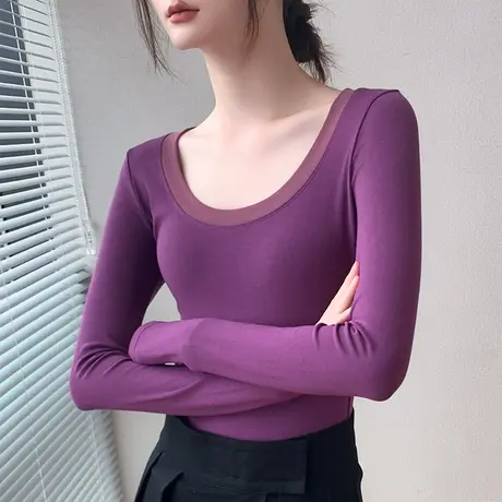 大圆领长袖T恤女2025早秋新品修身显瘦葡萄紫正肩西装内搭打底衫商品大图