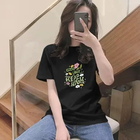 黑色t恤女2023新款夏小众不撞款上衣短袖美式圆领遮肚子体恤汗衫图片