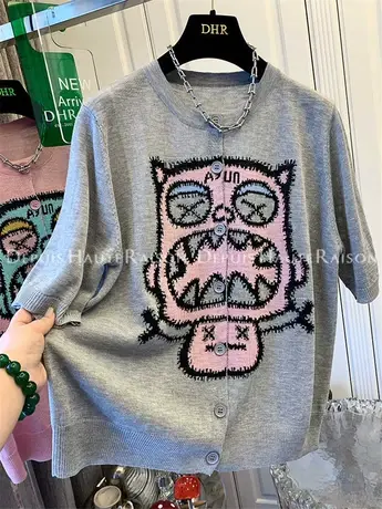 气质小怪兽冰麻短袖T恤针织衫女百搭上衣宽松休闲遮肉2023夏新款商品大图