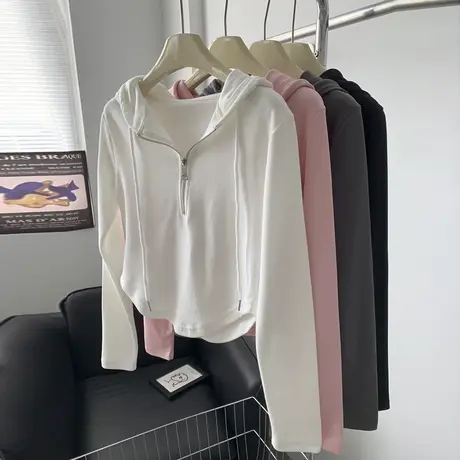 纯棉正肩长袖T恤卫衣女秋季修身内搭短款打底衫半拉链连帽上衣潮商品大图