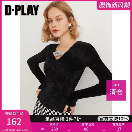 DPLAY秋装新款时尚通勤风黑色大V领绞花装饰仿貂绒针织衫商品大图