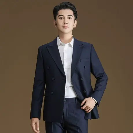 POWO单西服休闲商务正装双排扣西装男士修身伴郎服新郎结婚礼服图片