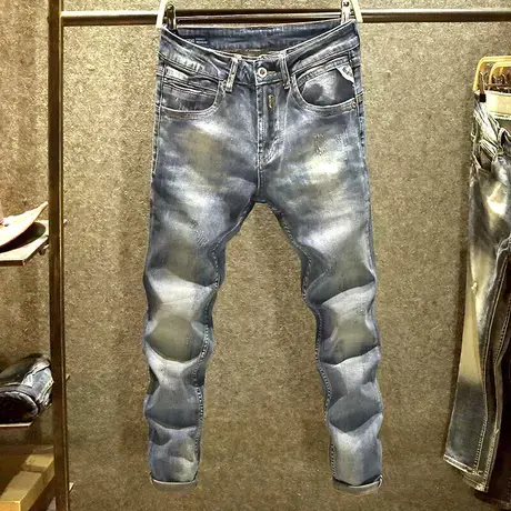 阿美咔叽潮牌牛仔裤男修身弹力小脚裤重磅水洗美式复古做旧长裤子商品大图