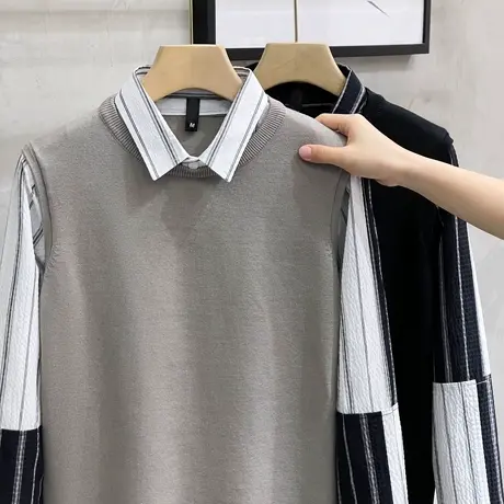 2023秋冬季新款条纹袖衬衫假两件毛衣男士韩版修身潮流针织打底衫商品大图