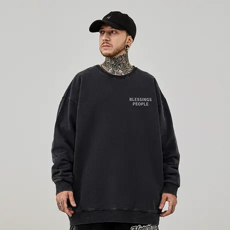 字母港风圆领卫衣男潮牌重磅大码男装秋冬季加绒复古水洗做旧无帽商品大图