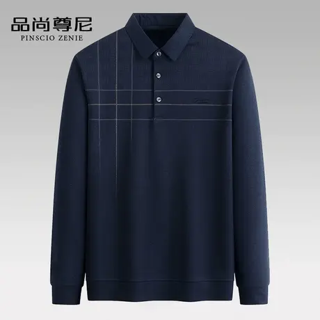 男士长袖t恤2022新款不对称格纹柔软亲肤polo衫中老年爸爸装秋装商品大图