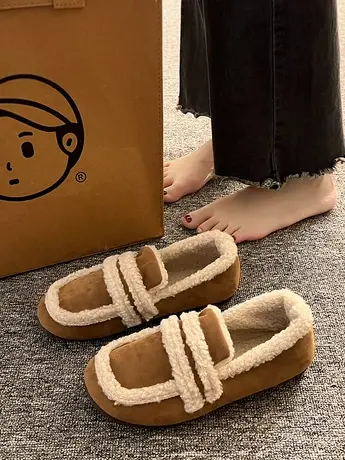 复古勃肯鞋女秋冬加绒羊羔毛毛鞋外穿一脚蹬孕妇鞋乐福豆豆二棉鞋商品大图