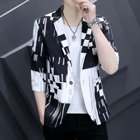 夏季薄款西服外套男士七分袖2022新款ins潮流韩版帅气中袖小西装图片