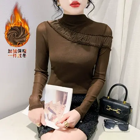 加绒加厚半高领体恤女v长袖欧货烫钻不规则上衣洋气修身打底衫冬商品大图