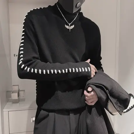 高领毛衣男时尚秋冬新款打底个性拼线痞帅夜店修身内搭线衣针织衫商品大图