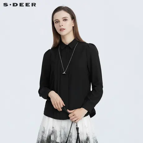 sdeer圣迪奥春季女装休闲翻领压褶拼接黑色长袖衬衫S21160503图片