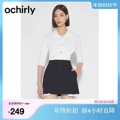 ochirly欧时力 polo领中袖针织衫女2023新款秋装休闲通勤短上衣商品大图