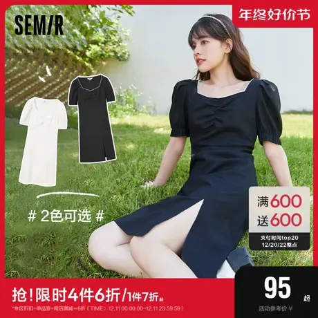 森马法式茶歇连衣裙女夏2022方领泡泡袖开叉气质通勤显瘦解构裙子图片