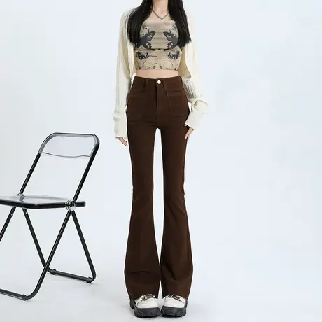 咖啡棕色微喇牛仔裤女春秋2024年新款高腰显瘦弹力修身马蹄喇叭裤商品大图