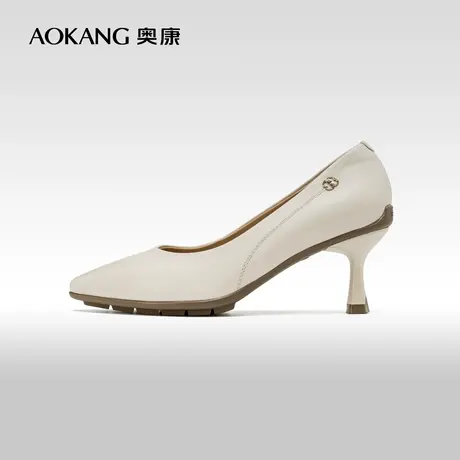 奥康女鞋 春秋季新款真皮尖头百搭一脚蹬浅口单鞋通勤细跟高跟鞋图片