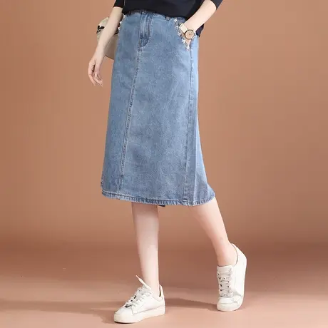 【1月17日春装上新7.8折】复古高腰中长款牛仔半身裙A字裙设计感图片