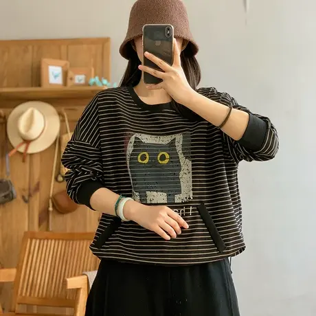dza 复古宽松条纹猫脸纯棉卫衣女2024春季新款休闲长袖百搭短上衣图片