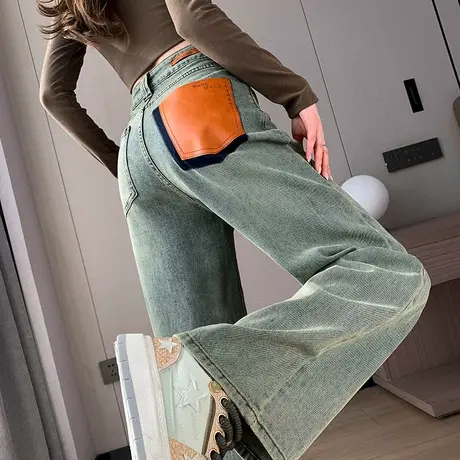 复古蓝窄版阔腿牛仔裤女春秋新款高腰显瘦宽松垂感百搭直筒拖地裤商品大图