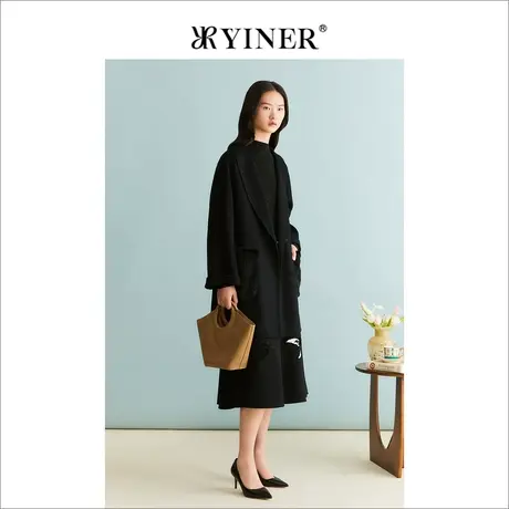 【绵羊毛+羊绒】YINER音儿女装冬季桑蚕丝毛呢大衣长款外套图片