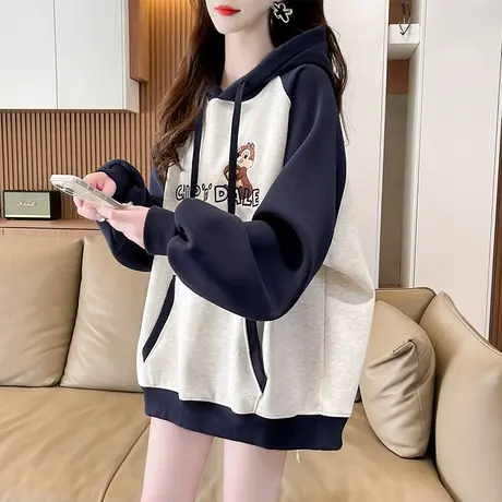 早春连帽卫衣女春秋韩版宽松大码薄款百搭学生撞色插肩袖上衣外套商品大图