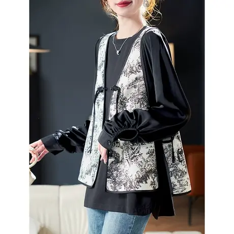 宝诗黎新中式提花马甲卫衣2024春季新款宽松百搭长袖女装两件套商品大图