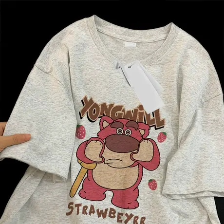 宽松圆领夏季短袖t恤女2023新款美式复古灰色高级感上衣oversize图片