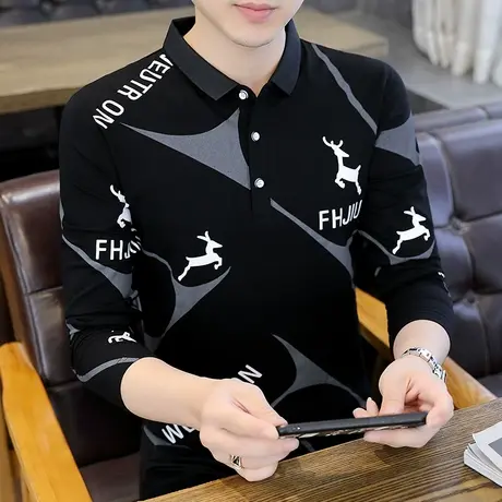 2023秋季新款男士长袖翻领t恤男韩版潮流纯棉印花修身打底衫男装商品大图