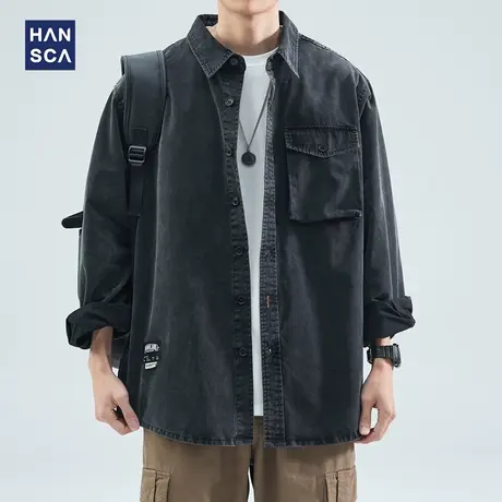 hansca休闲翻领夹克外套男士春秋季潮牌美式复古水洗工装长袖衬衣商品大图