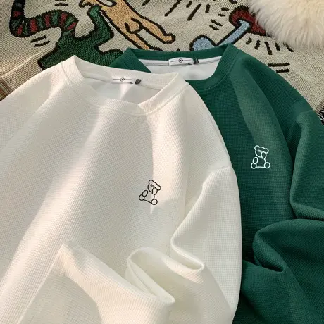 华夫格男士长袖t恤2024春季潮牌小熊印花休闲卫衣服宽松打底衫男T商品大图