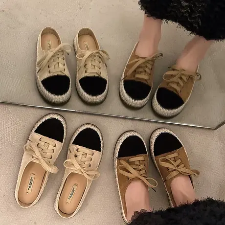 包头半拖鞋女2024新款夏季韩版仙女气质休闲系带帆布鞋平底渔夫鞋商品大图
