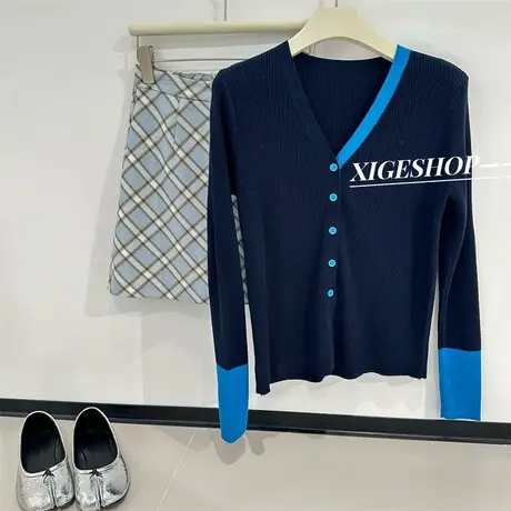 拼色假两件针织开衫女春季设计感撞色V领修身显瘦打底上衣秋2024商品大图