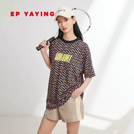 EP YAYING雅莹女装 休闲老花印花宽松短袖t恤 2024春装新品5336F图片