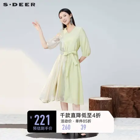 sdeer圣迪奥小众设计连衣裙V领网纱拼接长裙女S223Z124R图片