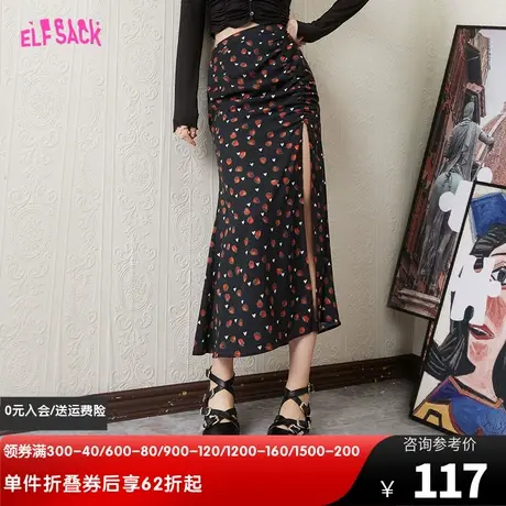 妖精的口袋草莓黑色开叉半身裙女2023春夏新款鱼尾裙显瘦高腰裙子图片