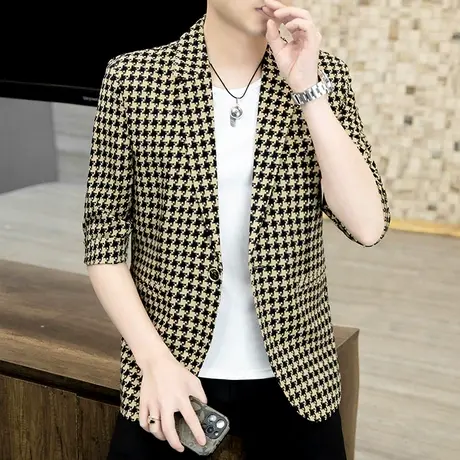 薄款中袖西服男士春夏季七分袖潮流千鸟格子外套轻熟风痞帅小西装商品大图