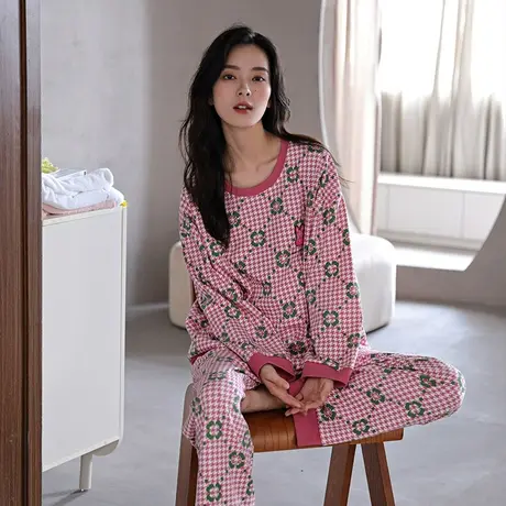 婷美女士睡衣千鸟格秋冬款纯棉长袖家居服套头圆领韩版春秋天套装图片