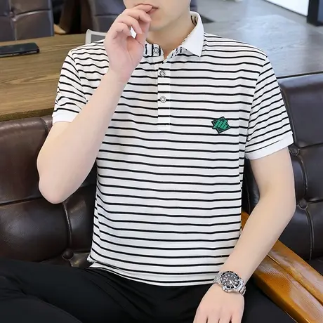 短袖t恤男士条纹95棉2023夏季新款潮流修身半袖Polo衫翻领上衣服商品大图