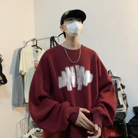 圆领卫衣男秋冬季新款宽松情侣无帽上衣服潮流日系休闲套头打底衫商品大图