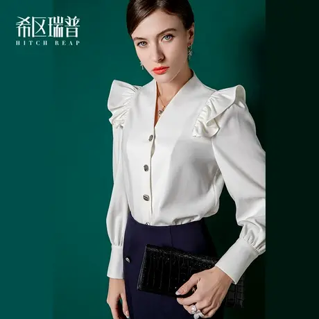 希区瑞普高端衬衫女设计感小众秋冬新款法式v领复古修身飞袖上衣商品大图