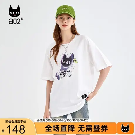 【趣玩】a02印花T恤女2023夏新品通勤百搭oversize猫咪印花短袖女商品大图