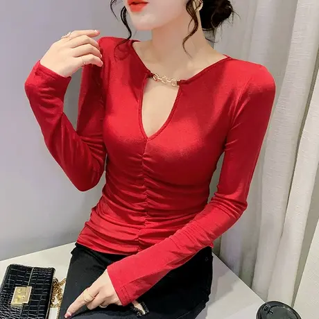 2023春秋新款性感V领长袖T恤女欧货修身打底衫内搭设计感小众上衣商品大图