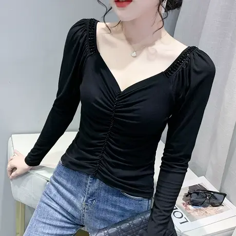 性感V领长袖T恤女ins潮高腰辣妹上衣春秋欧货时尚钉珠修身打底衫商品大图
