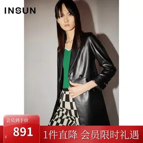 恩裳COVER秋舒适绵羊皮袖口翻折设计风衣式西装皮衣外套商品大图