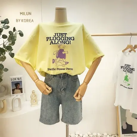 柠檬黄色T恤女2021夏季韩国东大门ins港味搞怪卡通学生半袖潮宽松商品大图