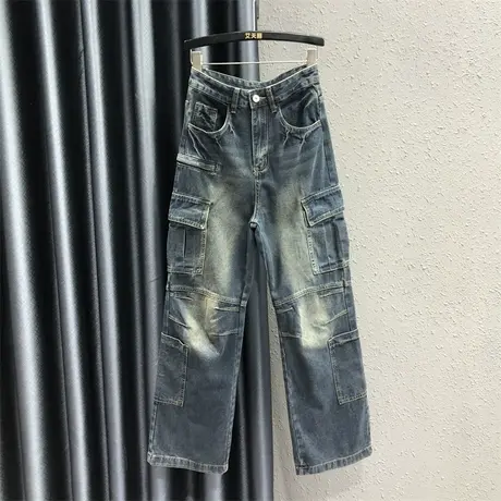 欧货复古磨白工装口袋牛仔长裤女2023秋季新款辣妹高腰显瘦直筒裤图片