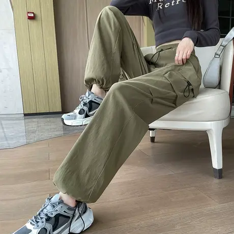 军绿色速干工装裤女夏季薄款美式降落伞裤抽绳束脚运动冰丝阔腿裤商品大图
