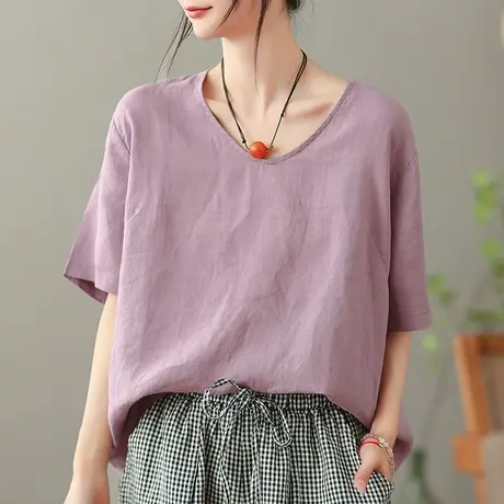 dza复古亚麻短袖T恤女2023夏季薄款纯色打底体恤宽松显瘦套头上衣商品大图