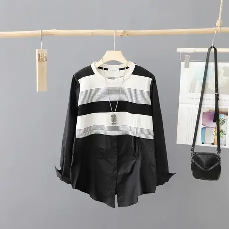 法式洋气长袖衬衫女条纹拼接秋装新款小众休闲衬衣时尚女装上衣潮图片