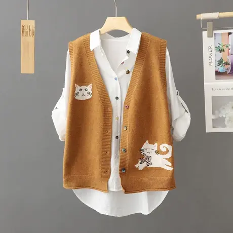 刺绣开衫针织马甲V领背心女秋冬外穿学生坎肩短款马夹学院风外套商品大图