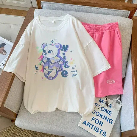 纯棉运动服套装女夏季薄款宽松短袖短裤小个子时尚洋气休闲两件套图片
